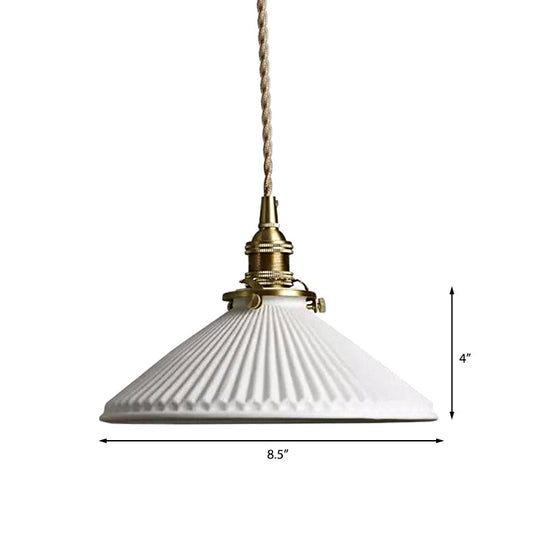 Industrial Style Ribbed Conical Pendant Light - 1 Ceramic Hanging Lamp White