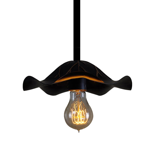 Industrial Metallic Hanging Lamp with Scalloped Shade - 1 Light, Black Finish