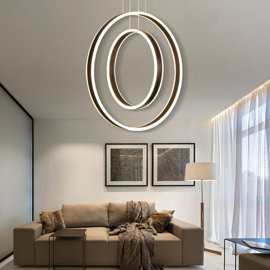 Minimalist Led Acrylic Chandelier Pendant - 23.5/31.5 Diameter Rings Brown Ceiling Light In