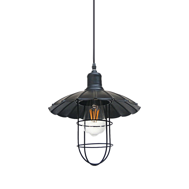 Nautical Style Metal Hanging Lamp With Scalloped Shade - 1 Head Restaurant Pendant Light In Black