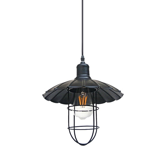 Nautical Style Metal Hanging Lamp With Scalloped Shade - 1 Head Restaurant Pendant Light In Black