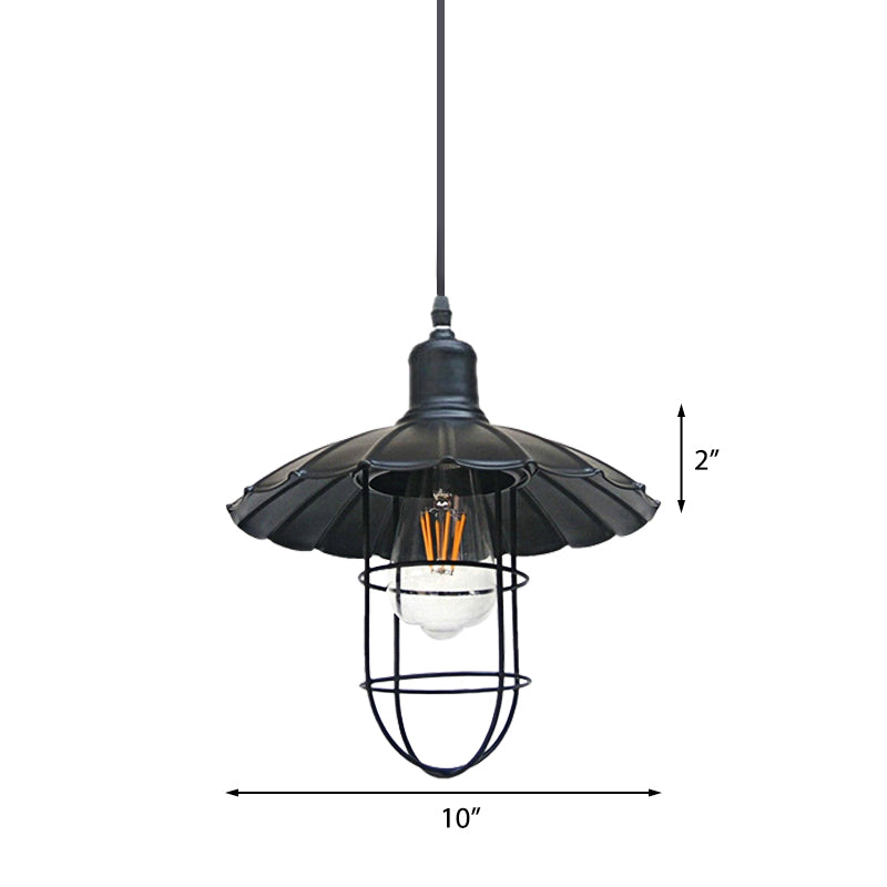 1 Head Black Metal Wire Guard Pendant Light with Nautical Scalloped Shade for Stylish Restaurant Ambiance