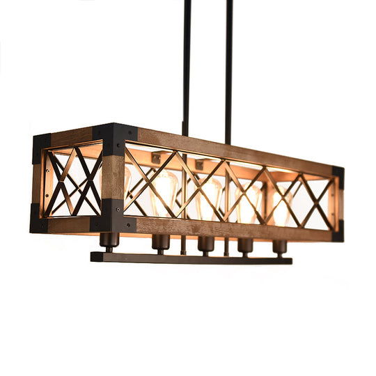 Rustic Loft Pendant Light With Metal And Wood Shades - 5 Bulb Rectangle Design