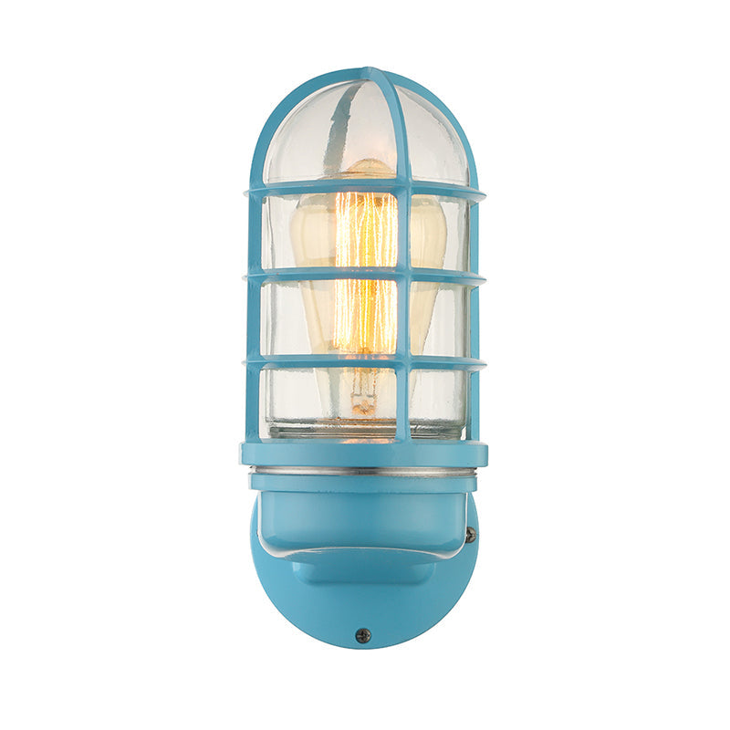 Industrial Glass Wall Lamp With Cage Single Bulb In Pink/Blue/Green For Living Room Sconce