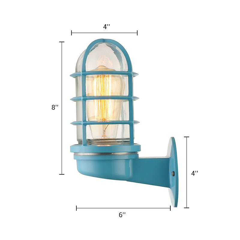 Industrial Glass Wall Lamp With Cage Single Bulb In Pink/Blue/Green For Living Room Sconce