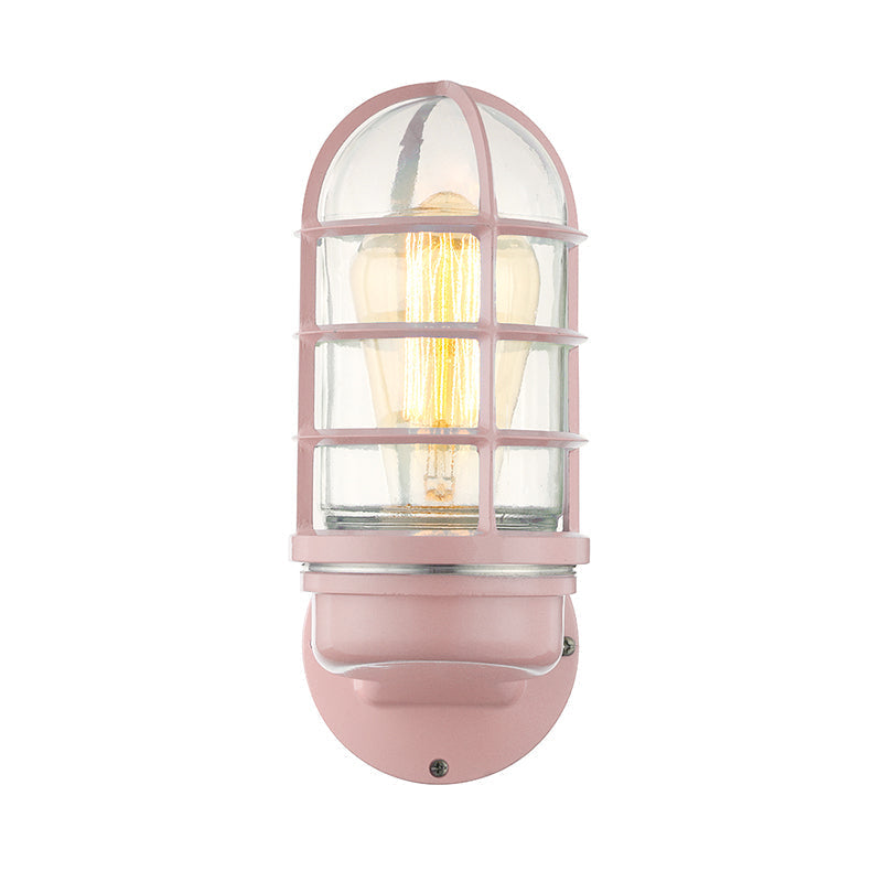 Industrial Glass Wall Lamp With Cage Single Bulb In Pink/Blue/Green For Living Room Sconce