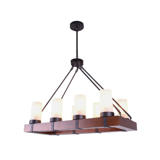 Industrial Multi-Light Pendant With Opal Glass & Black Cylinder Design Includes Wooden Rectangle