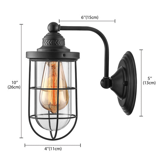 Industrial Black Wire Cage Wall Sconce Light For Stairway - Clear Glass 1/2-Bulb Fixture