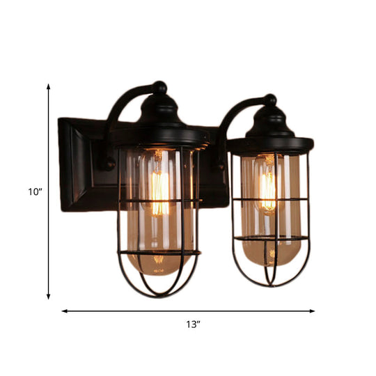 Industrial Black Wire Cage Wall Sconce Light For Stairway - Clear Glass 1/2-Bulb Fixture