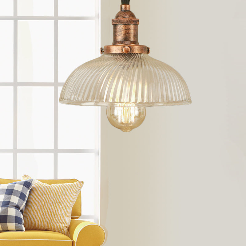 Dome Pendant Ceiling Light: Industrial Ribbed Glass - Black/Bronze/Rust Finish 1 Light Dining Room