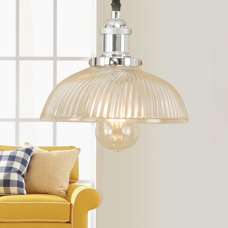 Dome Pendant Ceiling Light: Industrial Ribbed Glass - Black/Bronze/Rust Finish 1 Light Dining Room