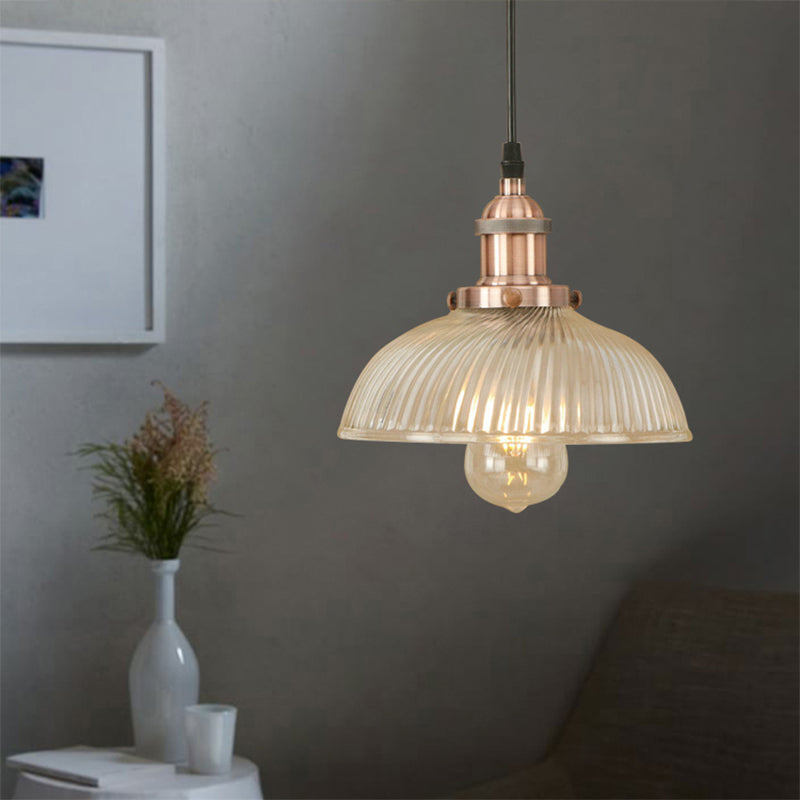 Dome Pendant Ceiling Light: Industrial Ribbed Glass - Black/Bronze/Rust Finish 1 Light Dining Room