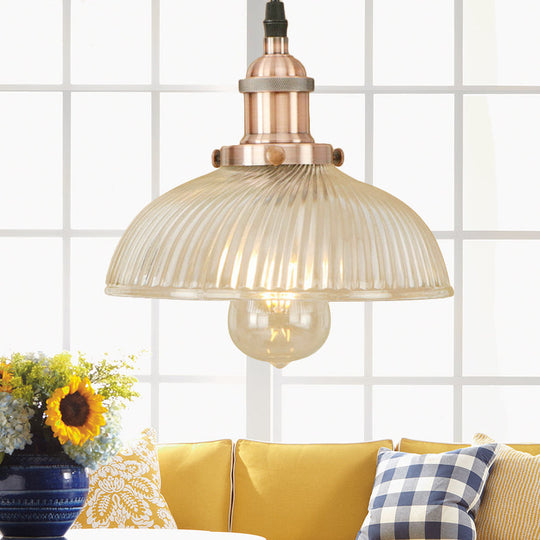 1-Light Ribbed Glass Dome Pendant Ceiling Light for Industrial & Rustic Settings.