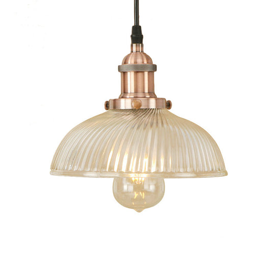 1-Light Ribbed Glass Dome Pendant Ceiling Light for Industrial & Rustic Settings.