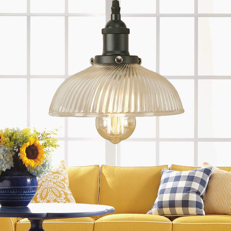 Dome Pendant Ceiling Light: Industrial Ribbed Glass - Black/Bronze/Rust Finish 1 Light Dining Room