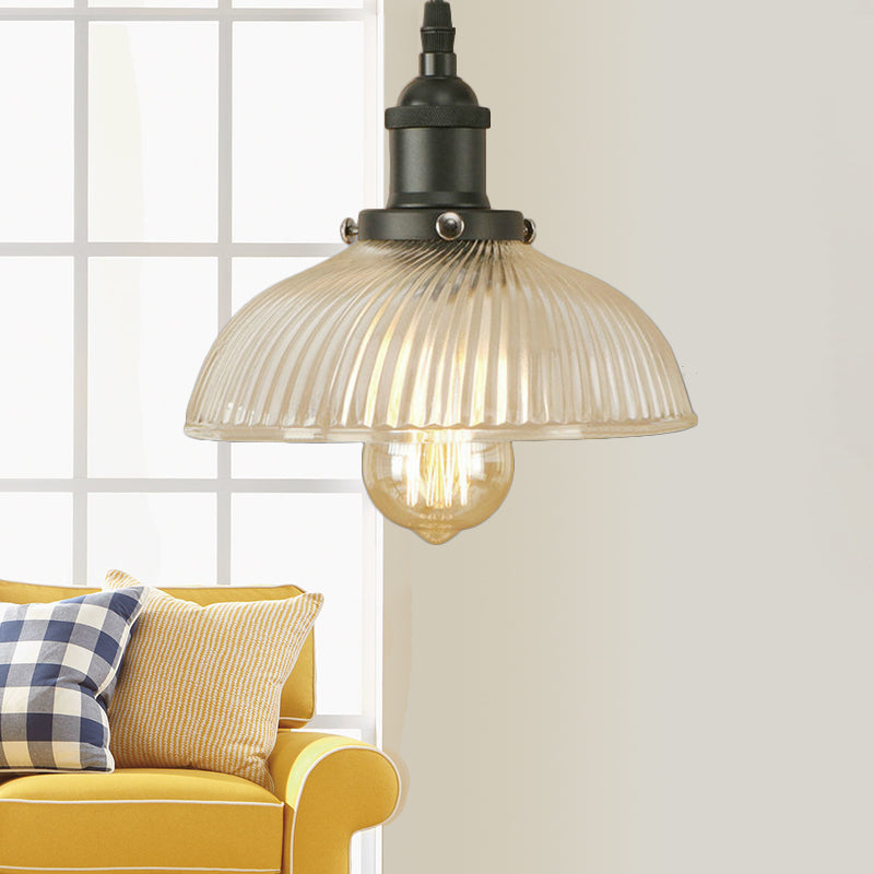 1-Light Ribbed Glass Dome Pendant Ceiling Light for Industrial & Rustic Settings.