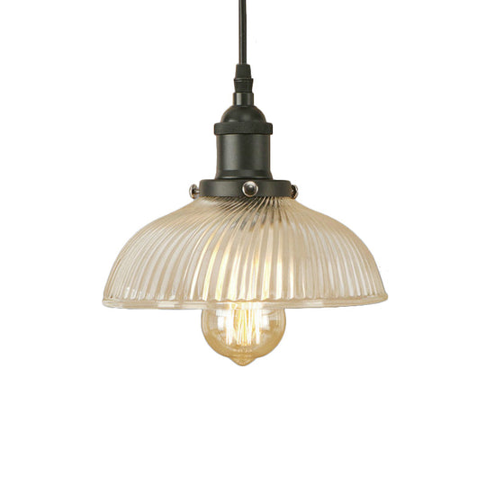 1-Light Ribbed Glass Dome Pendant Ceiling Light for Industrial & Rustic Settings.