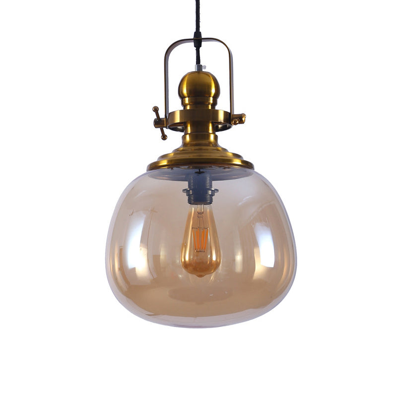 Modern Antique Brass Amber Glass Pendant Light for Living Room - 1 Light Round Ceiling Lamp