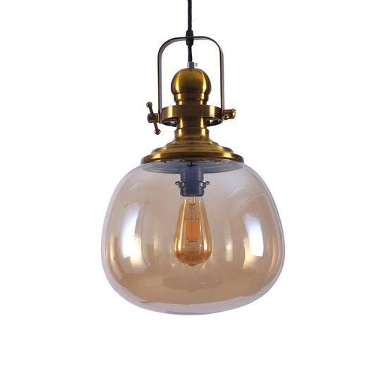 Modern Antique Brass Amber Glass Pendant Light for Living Room - 1 Light Round Ceiling Lamp