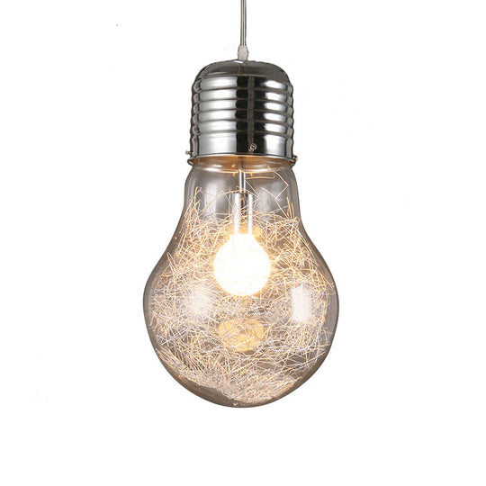 Industrial Bulb Shaped Pendant Light with Clear Glass in Chrome - 1 Light, 6"/8.5"/12" Wide