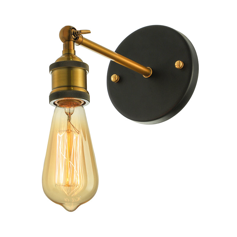 Industrial Metal Wall Lamp - Black/Brass Finish 1 Head Mini Sconce Lighting With Bare Bulb For