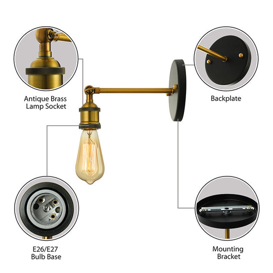 Industrial Metal Wall Lamp - Black/Brass Finish 1 Head Mini Sconce Lighting With Bare Bulb For