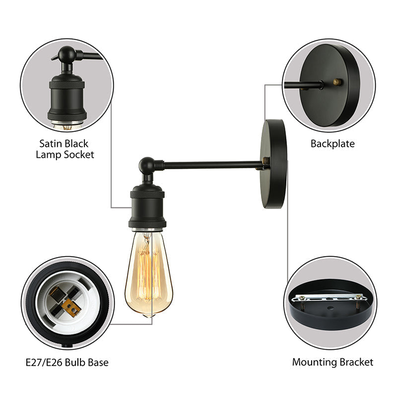 Industrial Metal Wall Lamp - Black/Brass Finish 1 Head Mini Sconce Lighting With Bare Bulb For