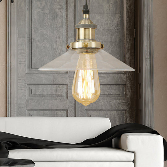 Industrial Cone Pendant Lamp With Clear Glass Shade - Rustic Black/Copper Accent For Living Room