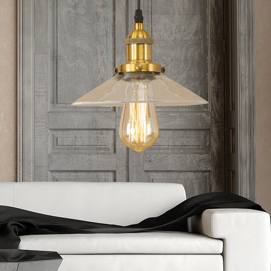 Industrial Cone Pendant Lamp With Clear Glass Shade - Rustic Black/Copper Accent For Living Room