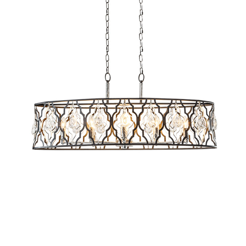 Modern Drum Frame Island Pendant Light | Black Metal With Crystal Block Accent 8 Bulbs Suspension