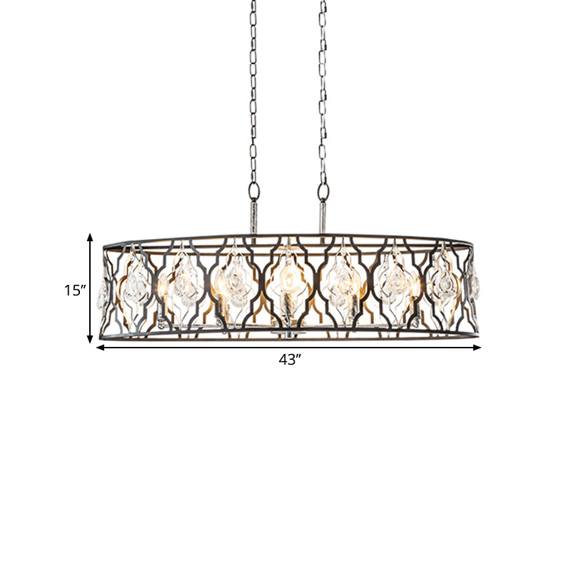 Modern Drum Frame Island Pendant Light | Black Metal With Crystal Block Accent 8 Bulbs Suspension