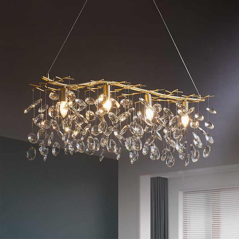 Modern Gold Branching Island Hanging Lamp With Crystal Droplets - 4-Bulb Metallic Pendant Light