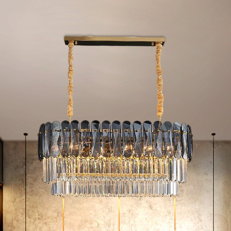 Rectangular Dining Room Pendant - 3-Tier Amber/Smoke Gray Crystal Block Contemporary Island Lamp