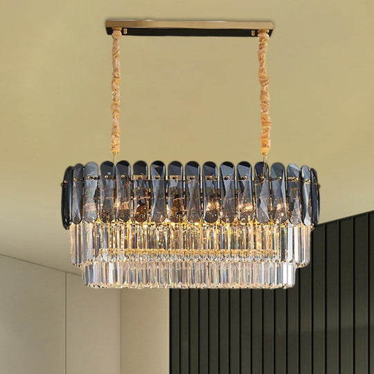 Rectangular Dining Room Pendant - 3-Tier Amber/Smoke Gray Crystal Block Contemporary Island Lamp