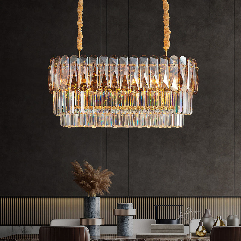 Rectangular Dining Room Pendant - 3-Tier Amber/Smoke Gray Crystal Block Contemporary Island Lamp