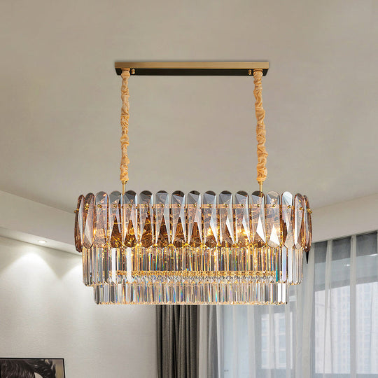 Rectangular Dining Room Pendant - 3-Tier Amber/Smoke Gray Crystal Block Contemporary Island Lamp