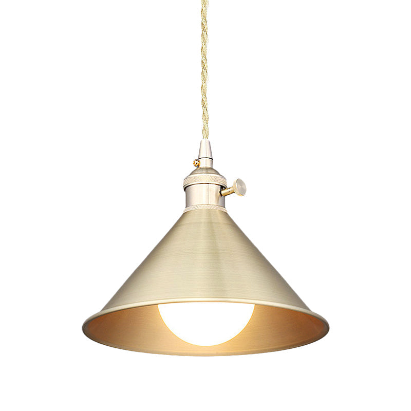 Mid Century Pendant Light Fixture with Metallic Brass Finish & Tapered Shade