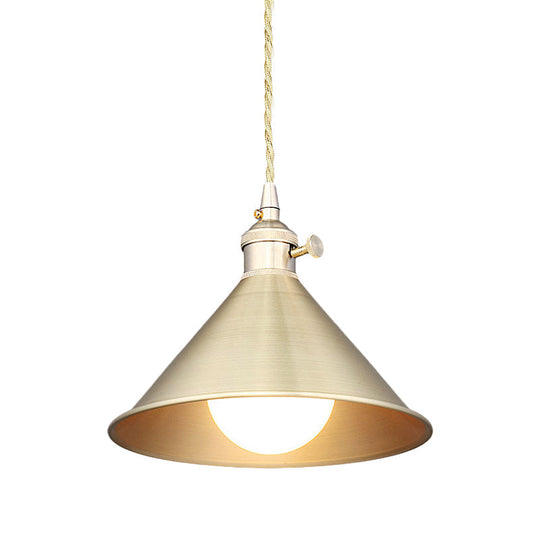 Mid Century Pendant Light Fixture with Metallic Brass Finish & Tapered Shade