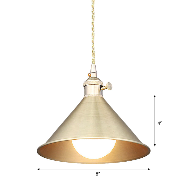 Mid Century Pendant Light Fixture with Metallic Brass Finish & Tapered Shade