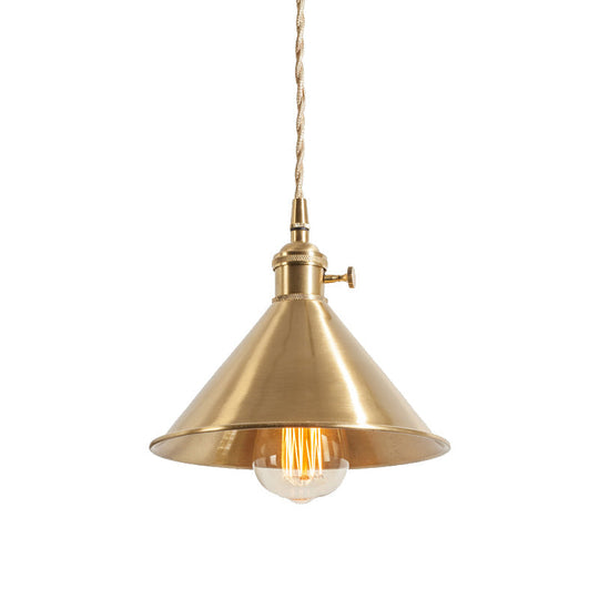 Mid Century Pendant Light Fixture with Metallic Brass Finish & Tapered Shade