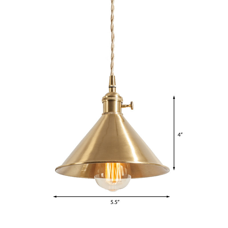 Mid Century Pendant Light Fixture with Metallic Brass Finish & Tapered Shade