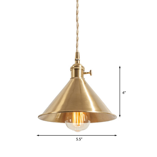 Mid Century Pendant Light Fixture with Metallic Brass Finish & Tapered Shade