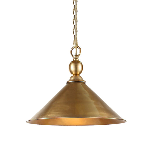 Mid Century Pendant Light Fixture with Metallic Brass Finish & Tapered Shade