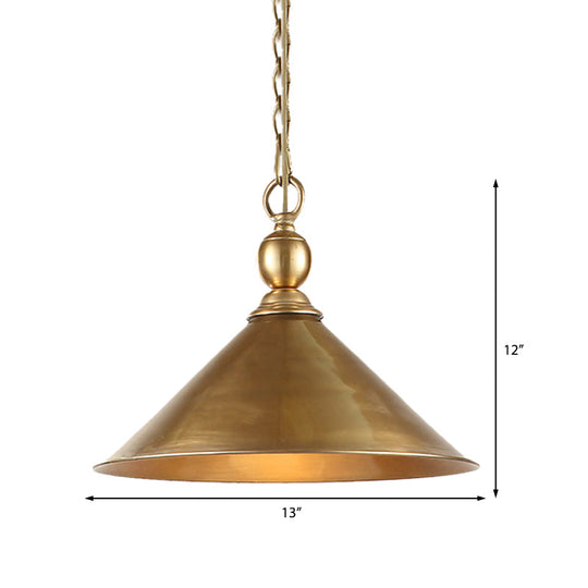 Mid Century Pendant Light Fixture with Metallic Brass Finish & Tapered Shade