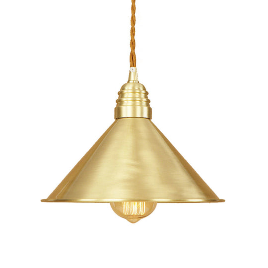 Mid Century Pendant Light Fixture with Metallic Brass Finish & Tapered Shade