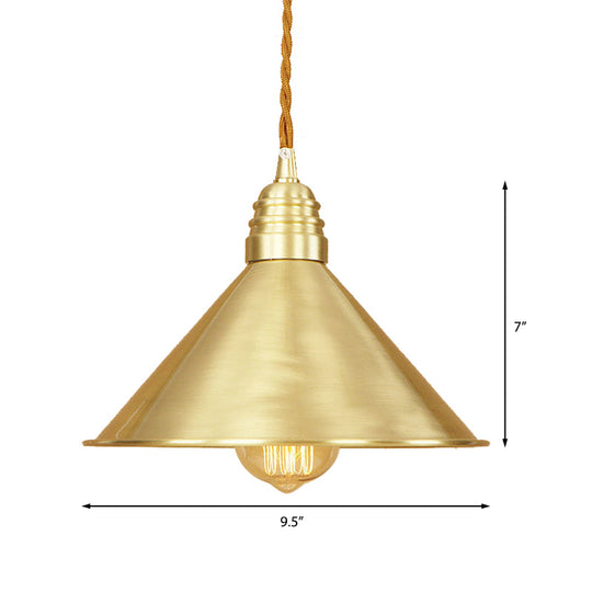 Mid Century Pendant Light Fixture with Metallic Brass Finish & Tapered Shade