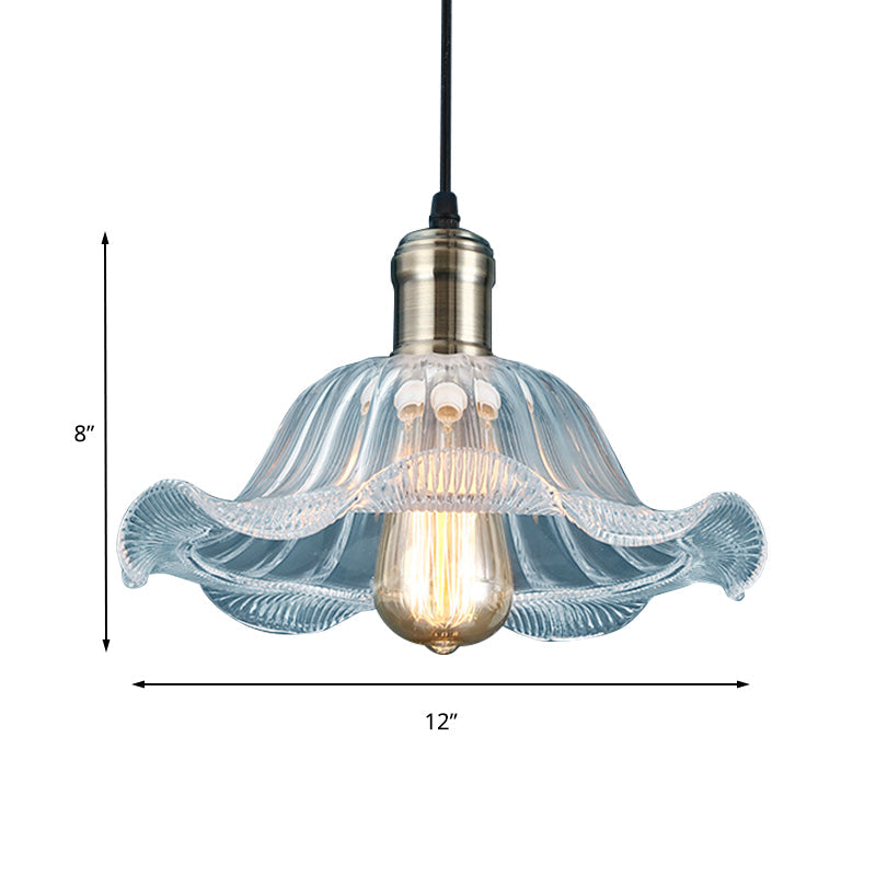 Industrial Brass Pendant Light with Clear Glass Bowl and Wavy Edge - 8"/10"/12" Wide