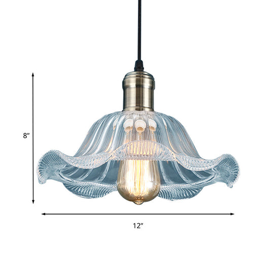 Industrial Brass Pendant Light with Clear Glass Bowl and Wavy Edge - 8"/10"/12" Wide