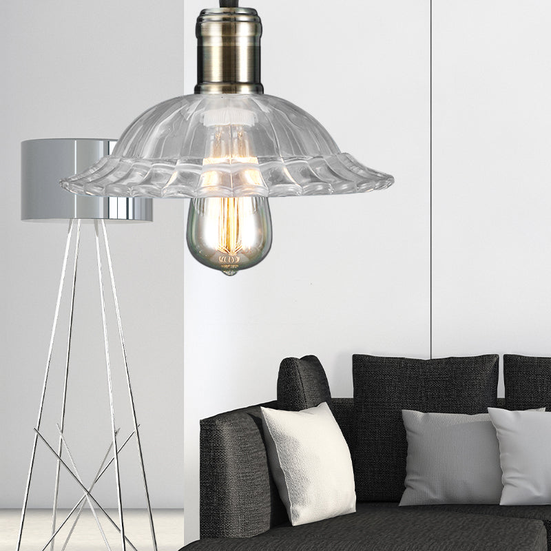 Scalloped Glass Ceiling Pendant Light With Ribbed Shade - Industrial Living Room Lighting Clear