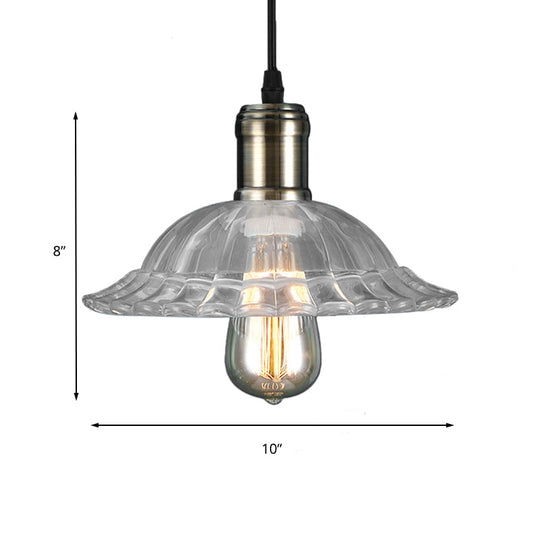 Hanging Ceiling Light with Scalloped Ribbed Glass Shade - Industrial Pendant Lighting for Living Room - Clear